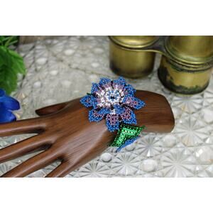 Mexico Huichol Blue Beaded Floral 3D Bracelet